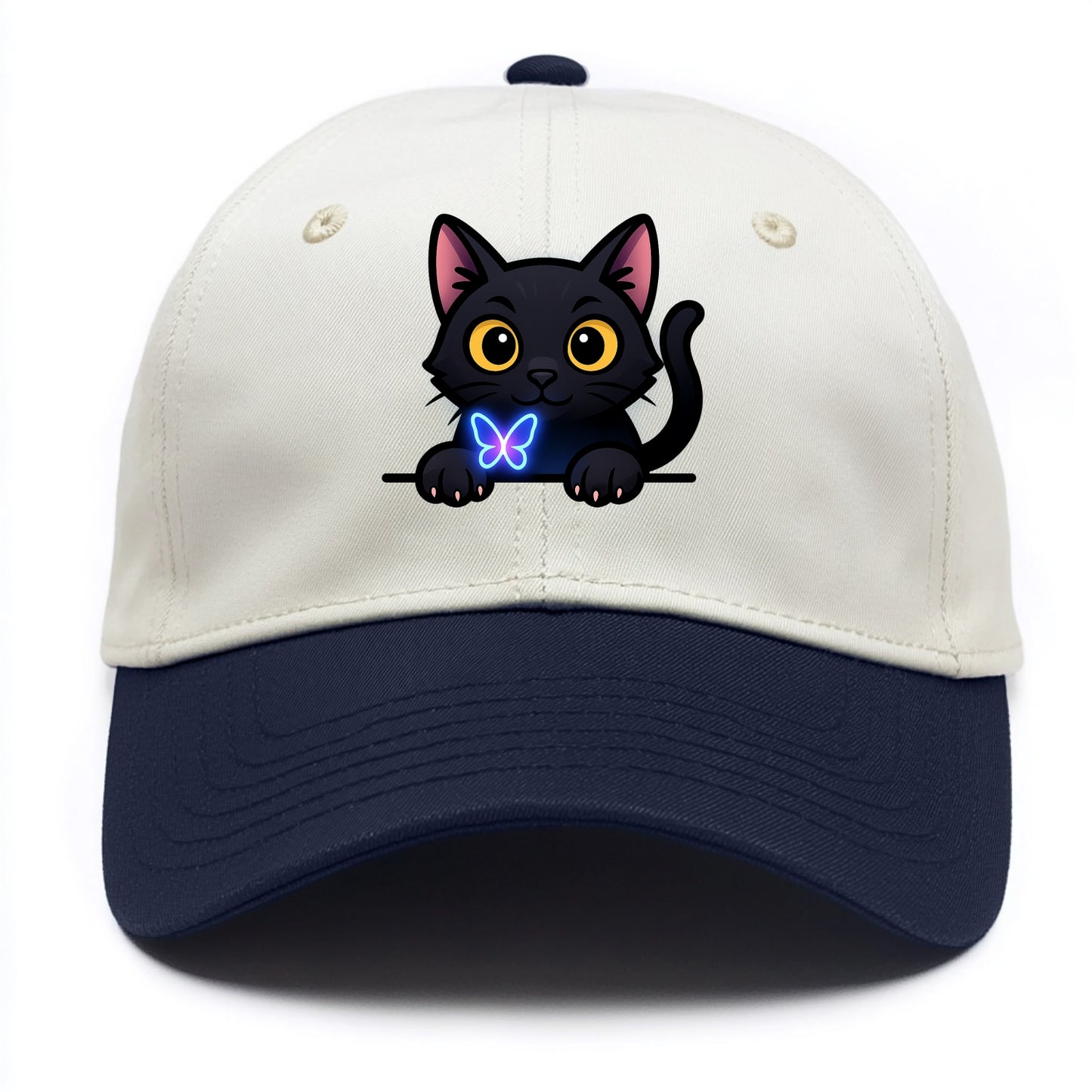 Midnight the black cat blowing a glossy bubblegum bubble while peeking. - Two Tone Cap - Navy