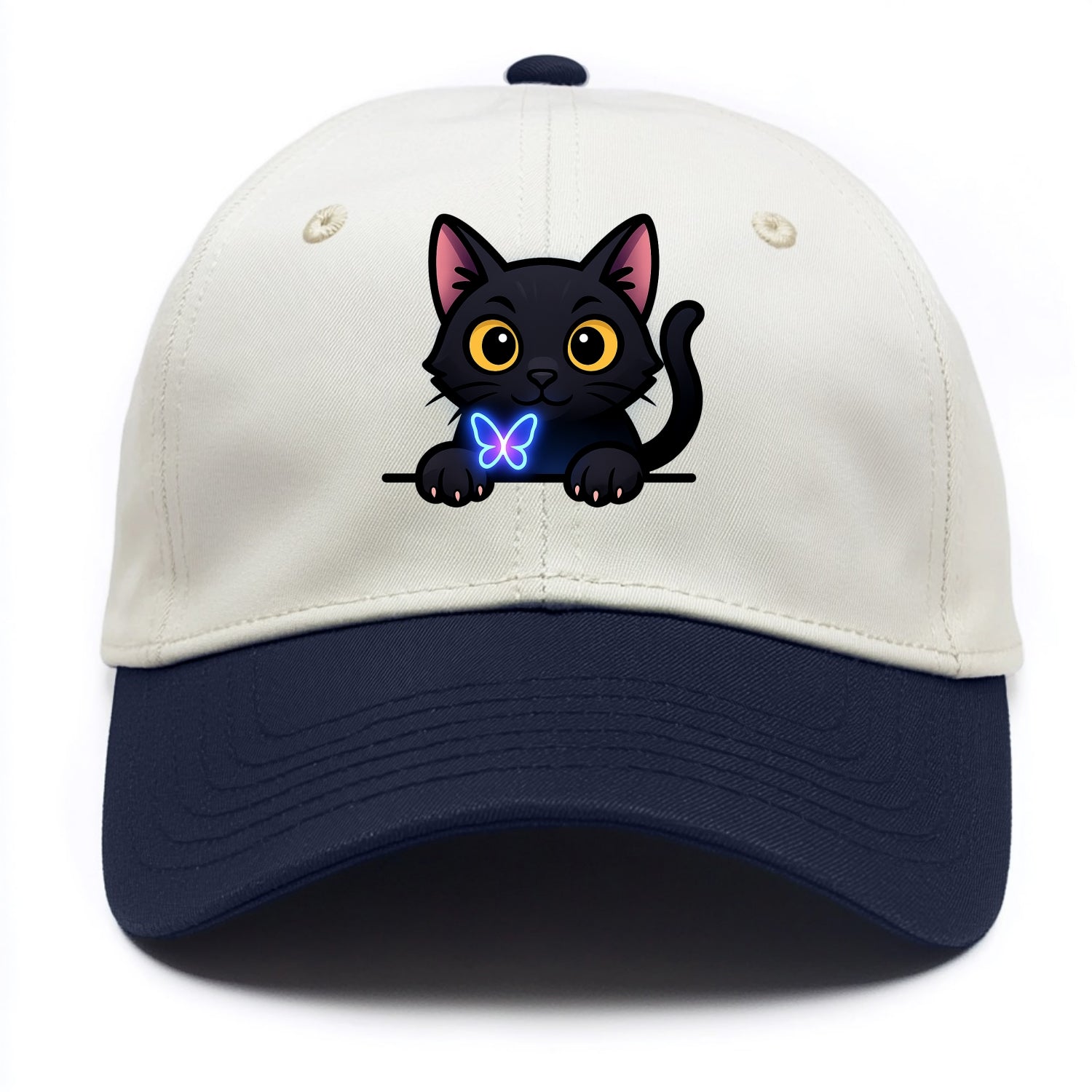 Midnight the black cat blowing a glossy bubblegum bubble while peeking. - Two Tone Cap - Navy