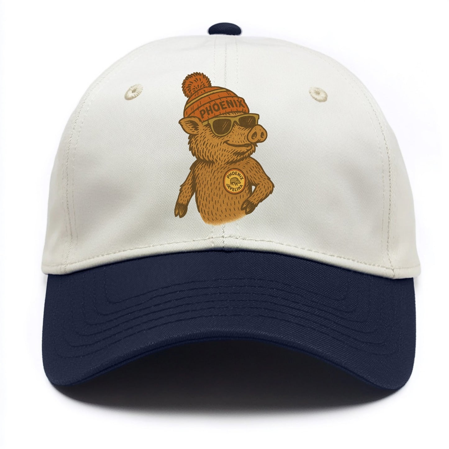 Phoenix Javelina wearing Phoenix beanie with pom pom and wayfarer sunglasses - Two Tone Cap - Navy