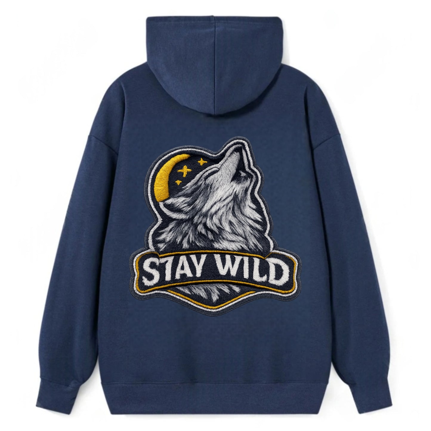 STAY WILD - wolf with text in gray , free spirit - Classic Pullover Hoodie - Navy