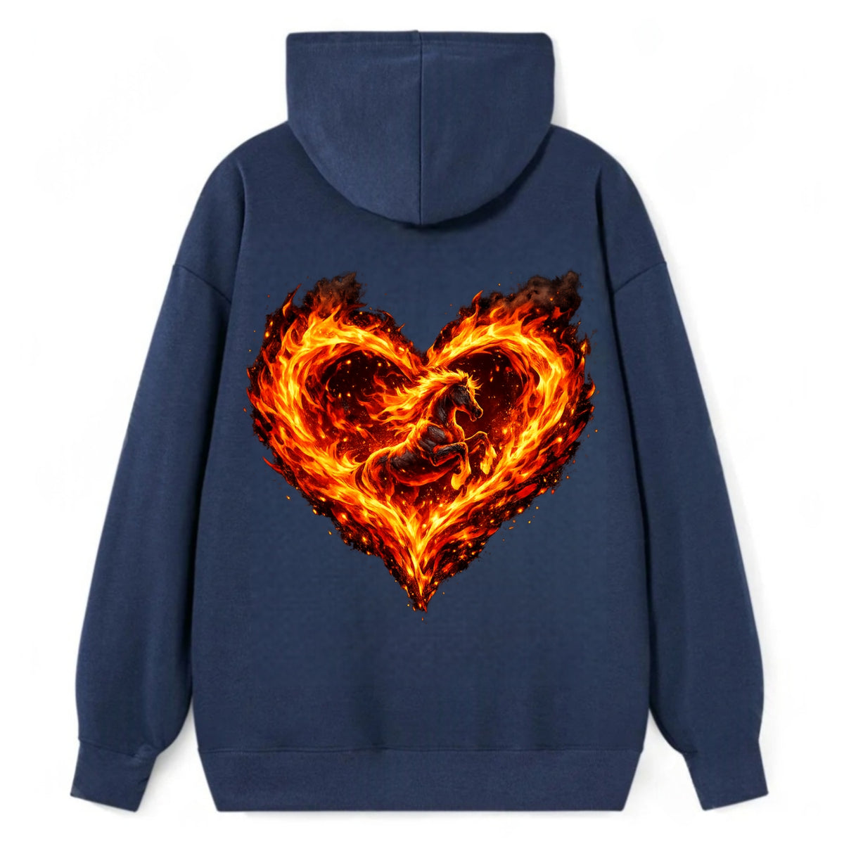 HEART OF FIRE | Flaming heart with horse silhouette inside | Passion - Classic Pullover Hoodie - Navy