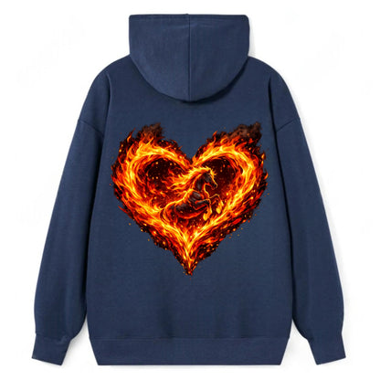 HEART OF FIRE | Flaming heart with horse silhouette inside | Passion - Classic Pullover Hoodie - Navy