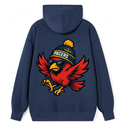 Indiana Cardinal wearing Pacers beanie with speedway patch and wayfarer - Classic Pullover Hoodie - Navy
