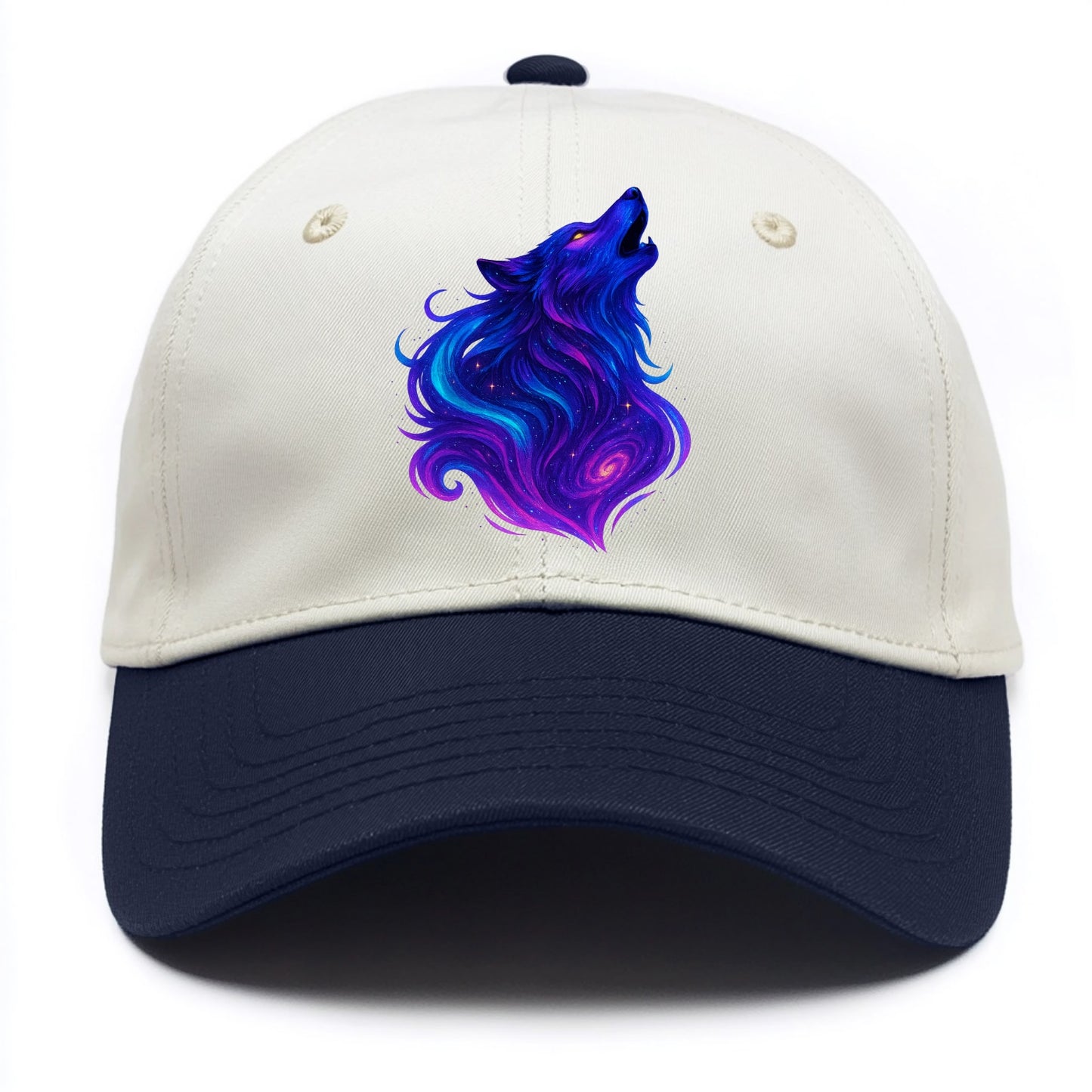 Noble wolf with flowing fur that transforms into aurora borealis streams, cyan and - Two Tone Cap - Navy