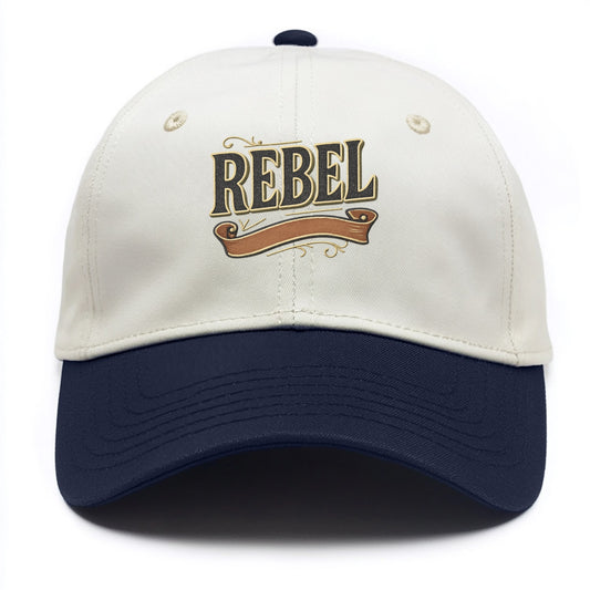 Bold typography design - "REBEL" - nonconformist, rule breaker, independent thinker - Two Tone Cap - Navy