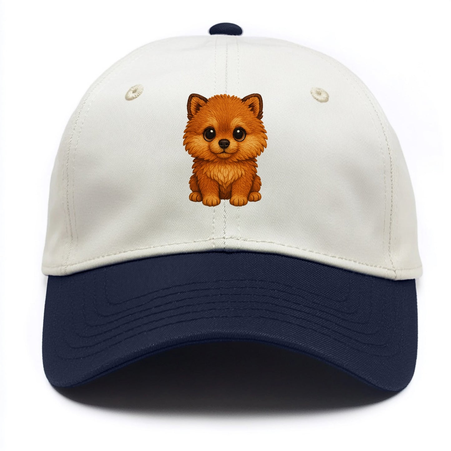 Baby Pomeranian Puppy - fluffy orange ball, fox face, tiny body, bright eyes, - Two Tone Cap - Navy