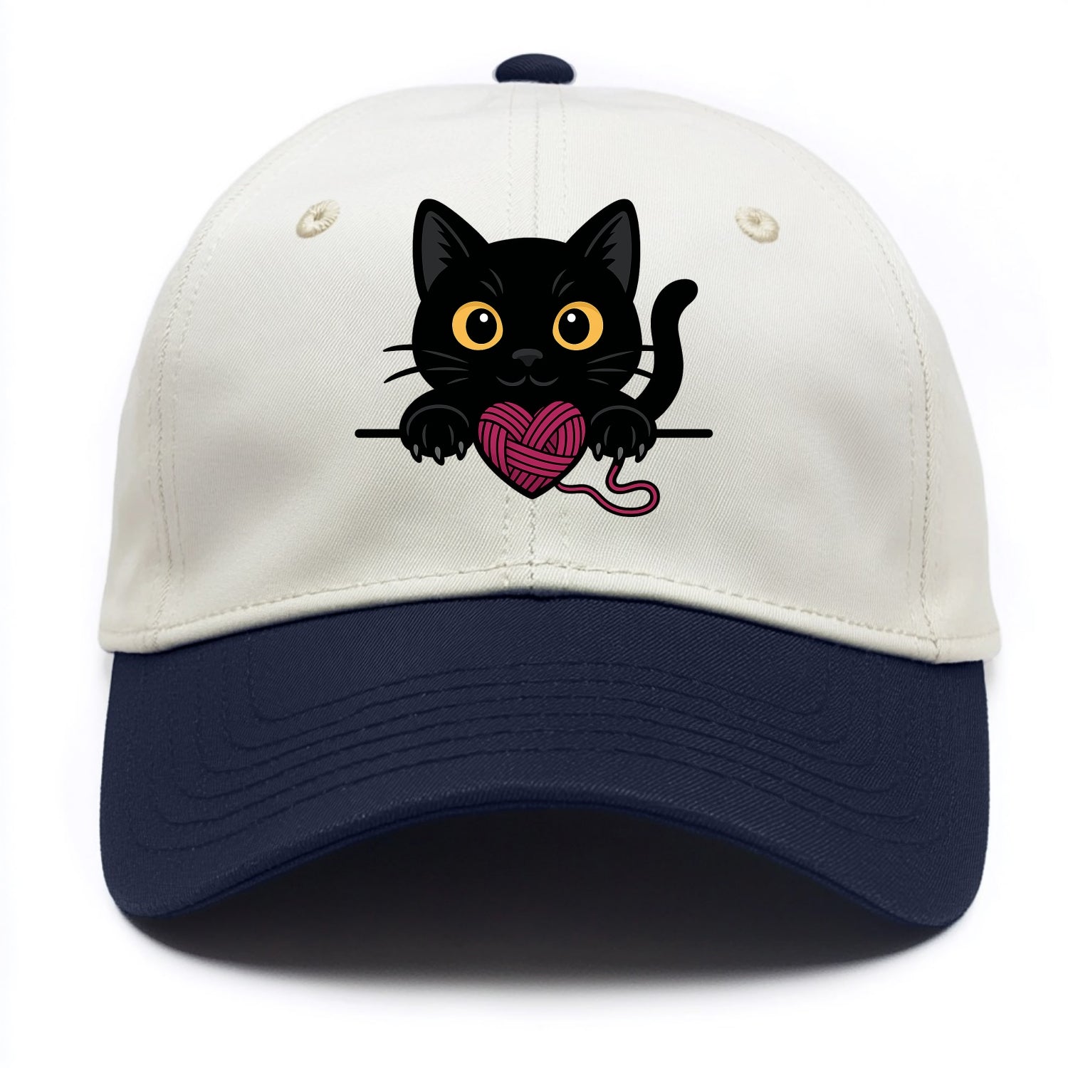 Midnight the black cat stretching tall with claws gently hooked over the edge. - Two Tone Cap - Navy