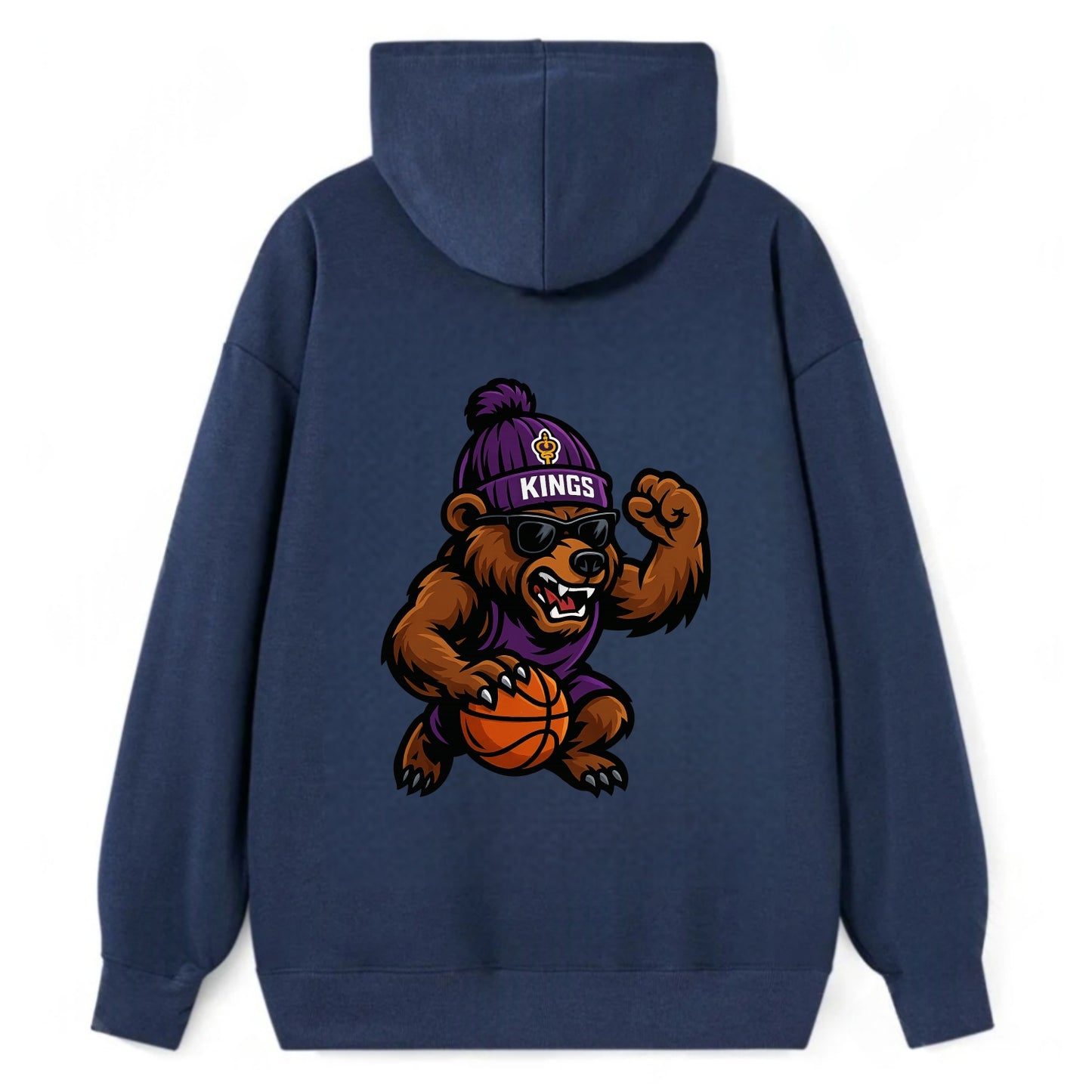 California Grizzly wearing Kings beanie with royal scepter patch and - Classic Pullover Hoodie - Navy