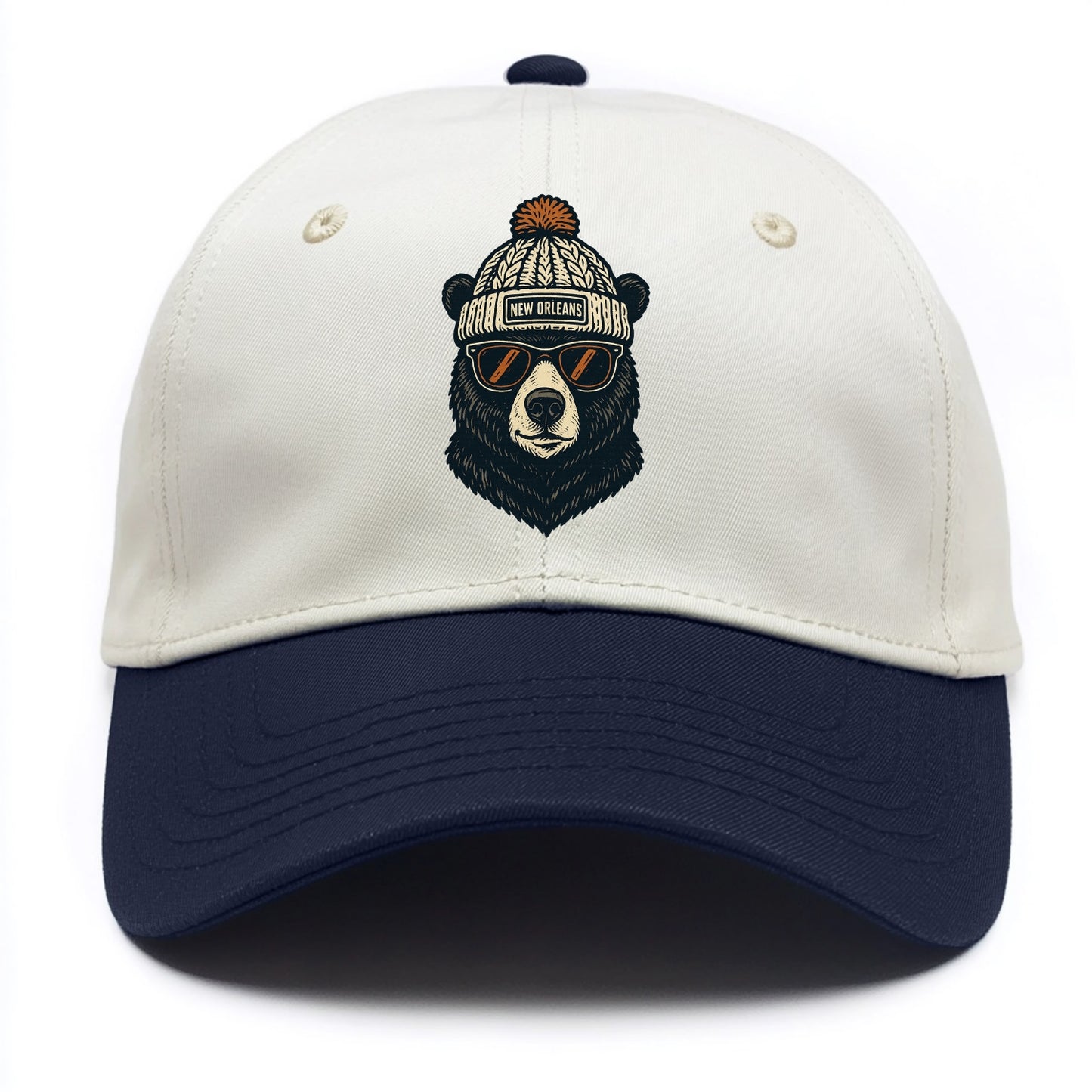 Louisiana Black Bear wearing New Orleans beanie with pom pom and wayfarer sunglasses - Two Tone Cap - Navy