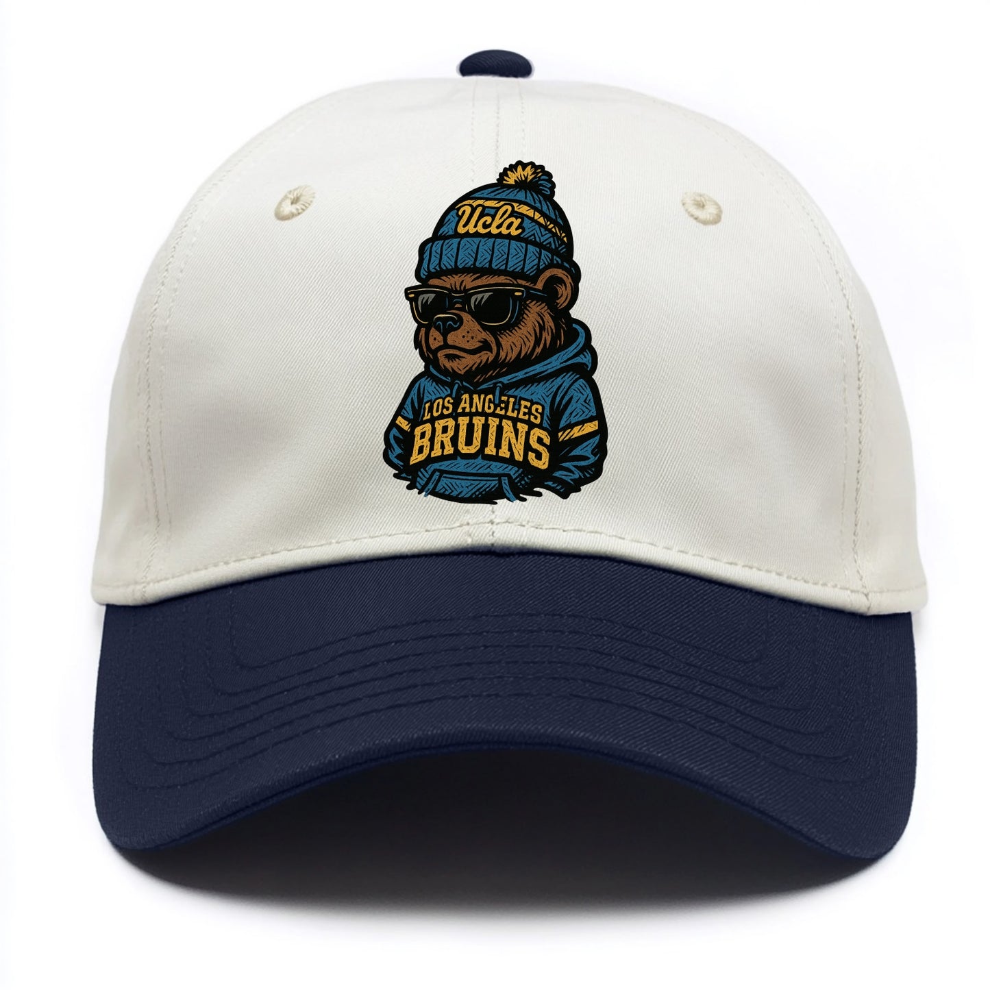 Los Angeles Bruin wearing UCLA beanie with script patch - Two Tone Cap - Navy