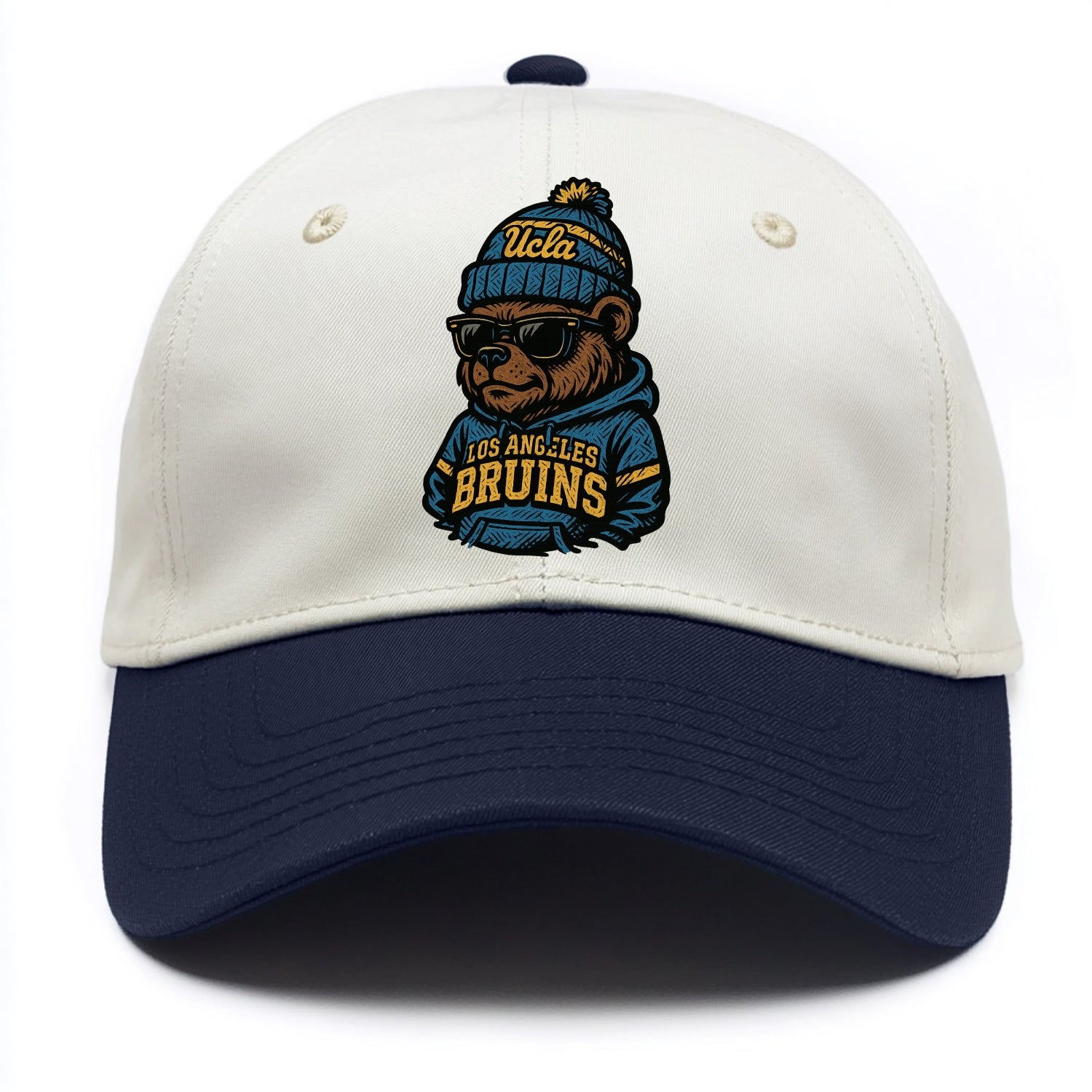 Los Angeles Bruin wearing UCLA beanie with script patch - Two Tone Cap - Navy