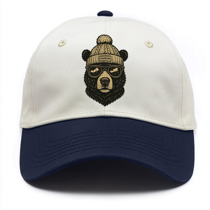Alabama Black Bear wearing Birmingham beanie with pom pom and wayfarer sunglasses - Two Tone Cap - Navy