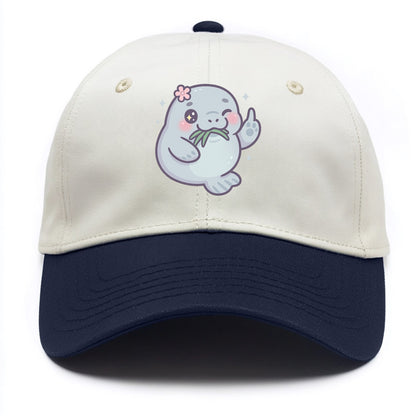 chubby manatee munching on seagrass, one flipper raised with sass - Two Tone Cap - Navy