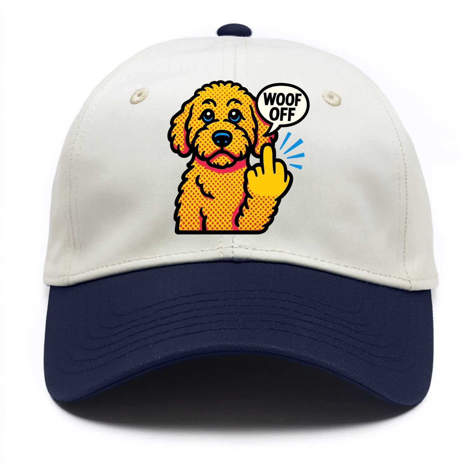 Goldendoodle with teddy bear face and curly golden coat, friendly paw flipping off - Two Tone Cap - Navy