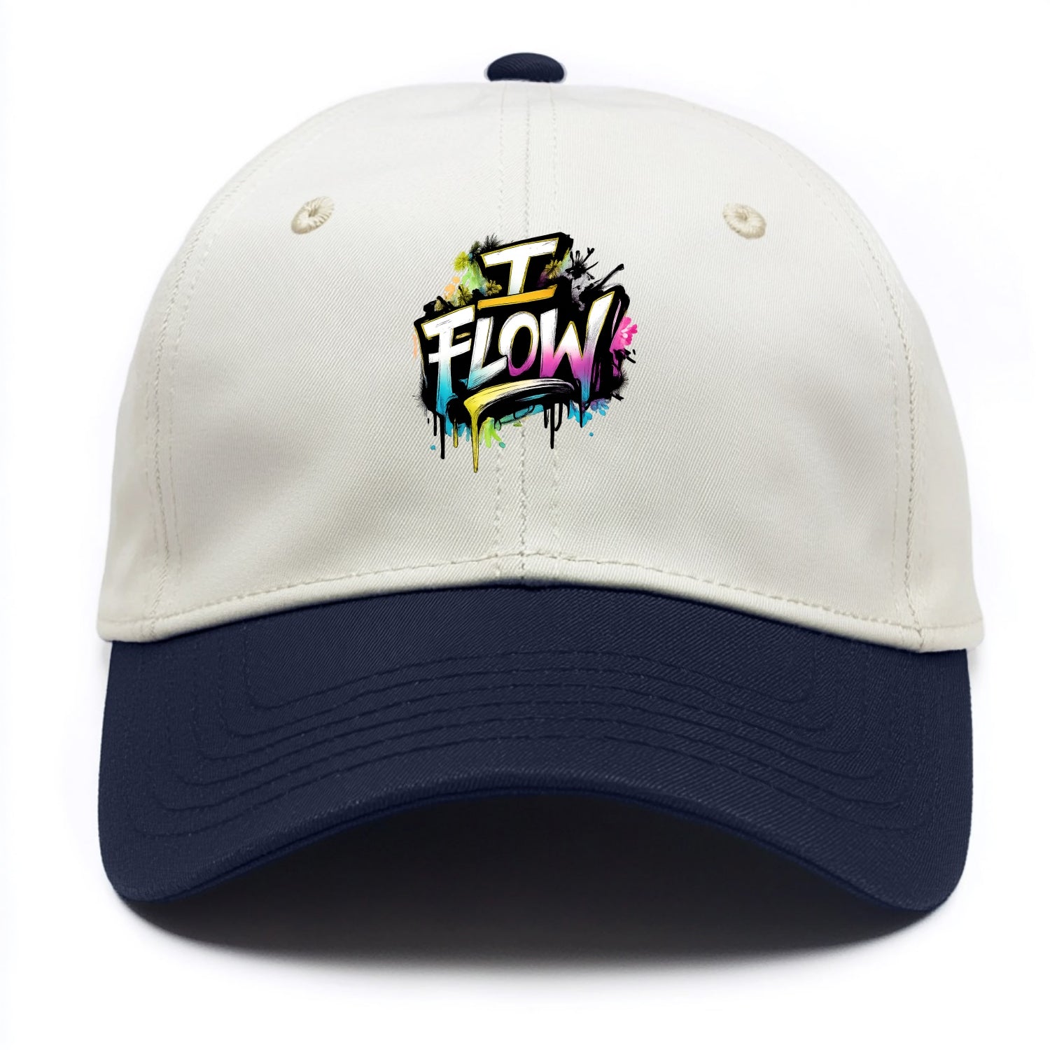 Bold typography design - "I FLOW" - going with life, easy movement - Two Tone Cap - Navy