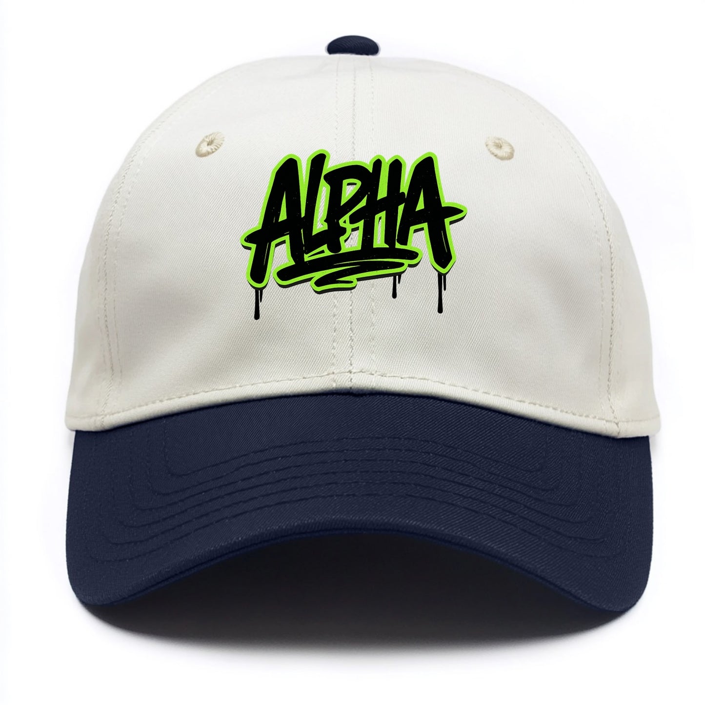 Bold typography design - "ALPHA" - leader of the pack - Two Tone Cap - Navy