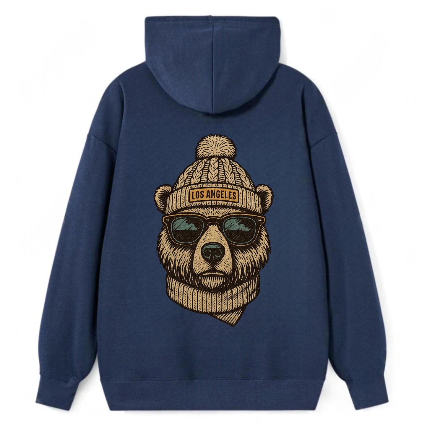 California Grizzly Bear wearing Los Angeles beanie with pom pom and - Classic Pullover Hoodie - Navy