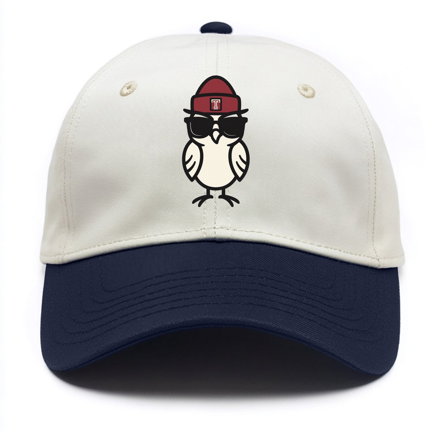 Philadelphia Owl wearing Temple beanie with T patch - Two Tone Cap - Navy