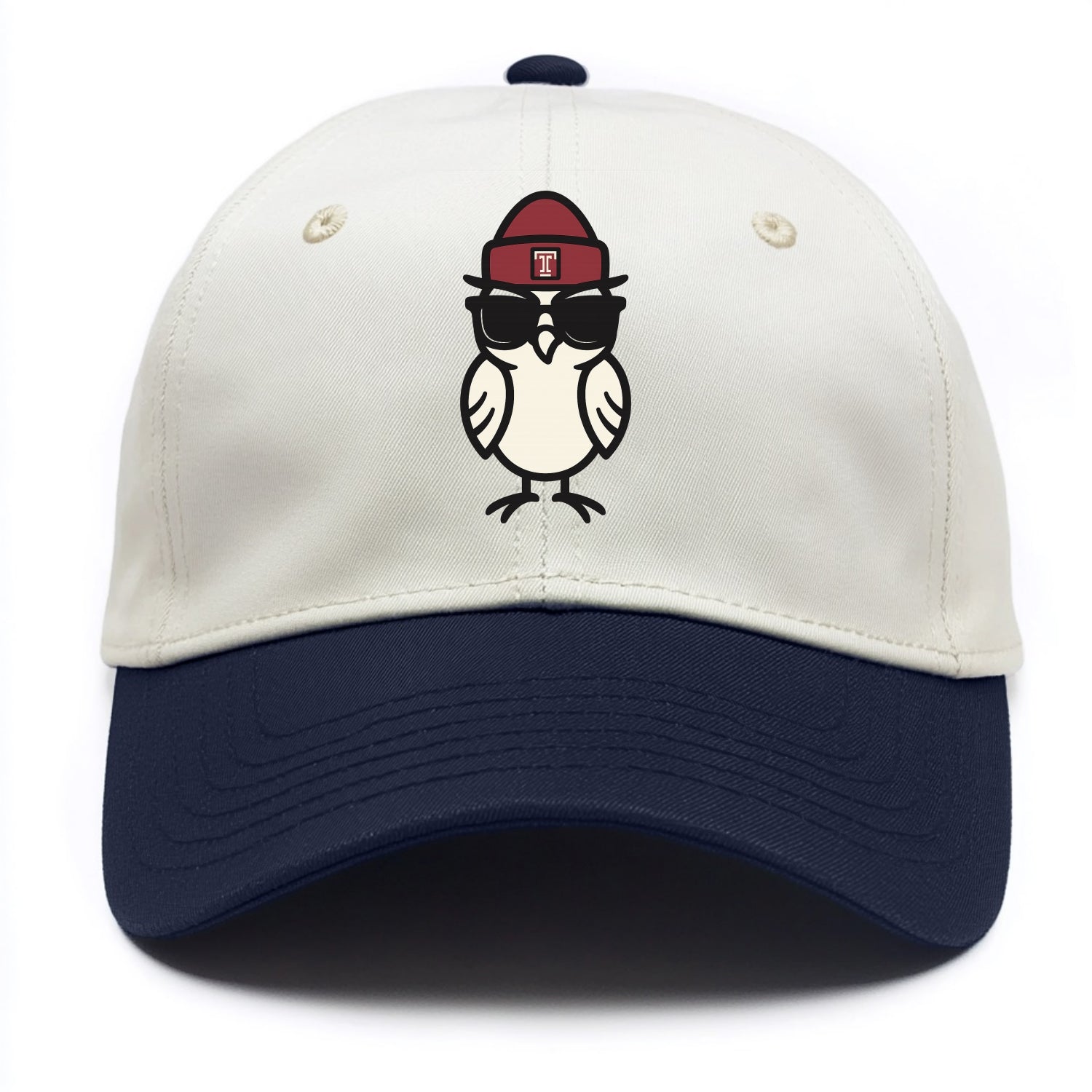 Philadelphia Owl wearing Temple beanie with T patch - Two Tone Cap - Navy