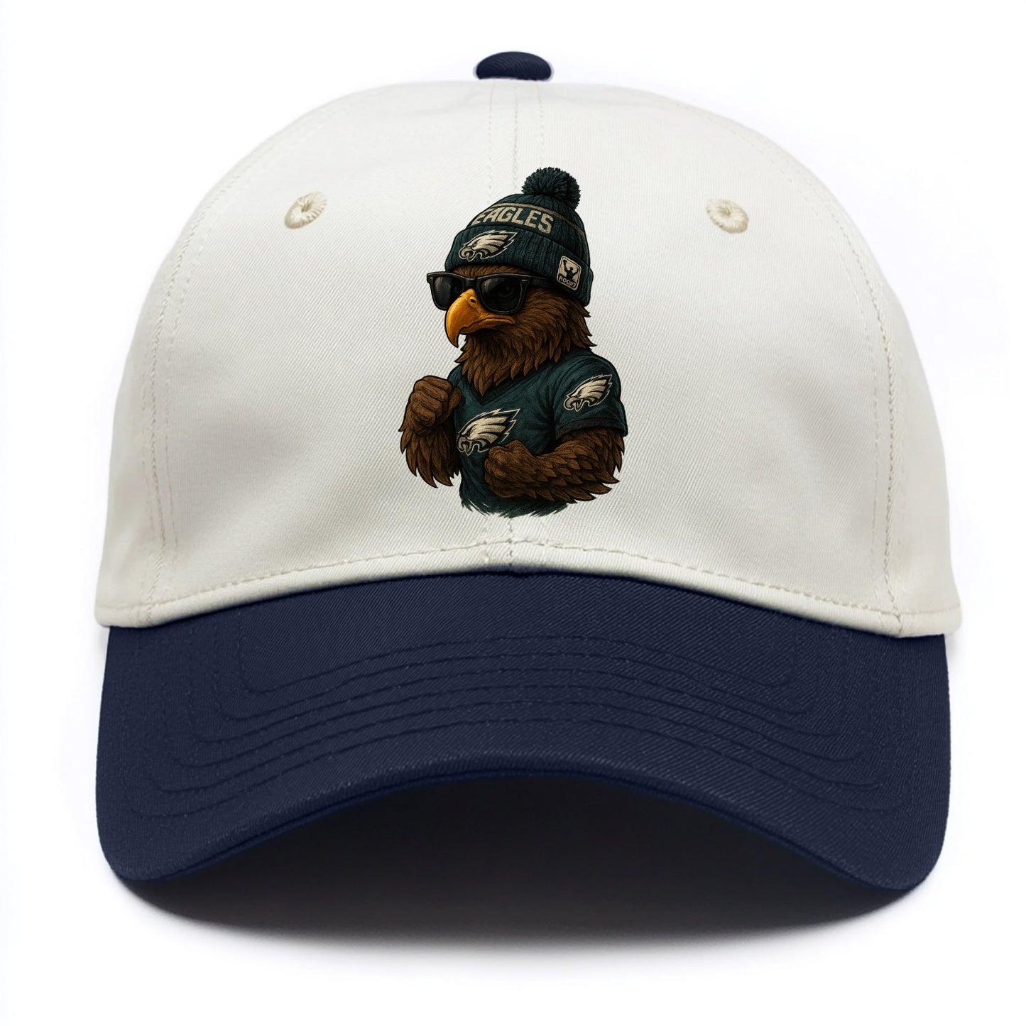Philly Hawk wearing Eagles beanie with Rocky patch and wayfarer sunglasses - Two Tone Cap - Navy