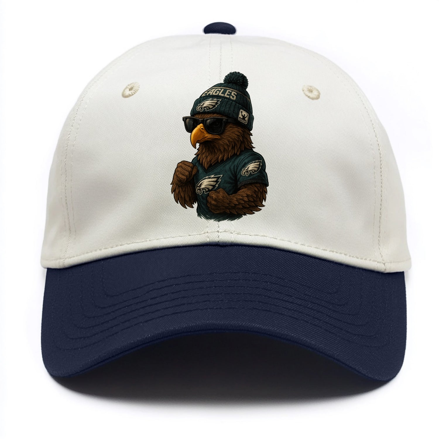 Philly Hawk wearing Eagles beanie with Rocky patch and wayfarer sunglasses - Two Tone Cap - Navy