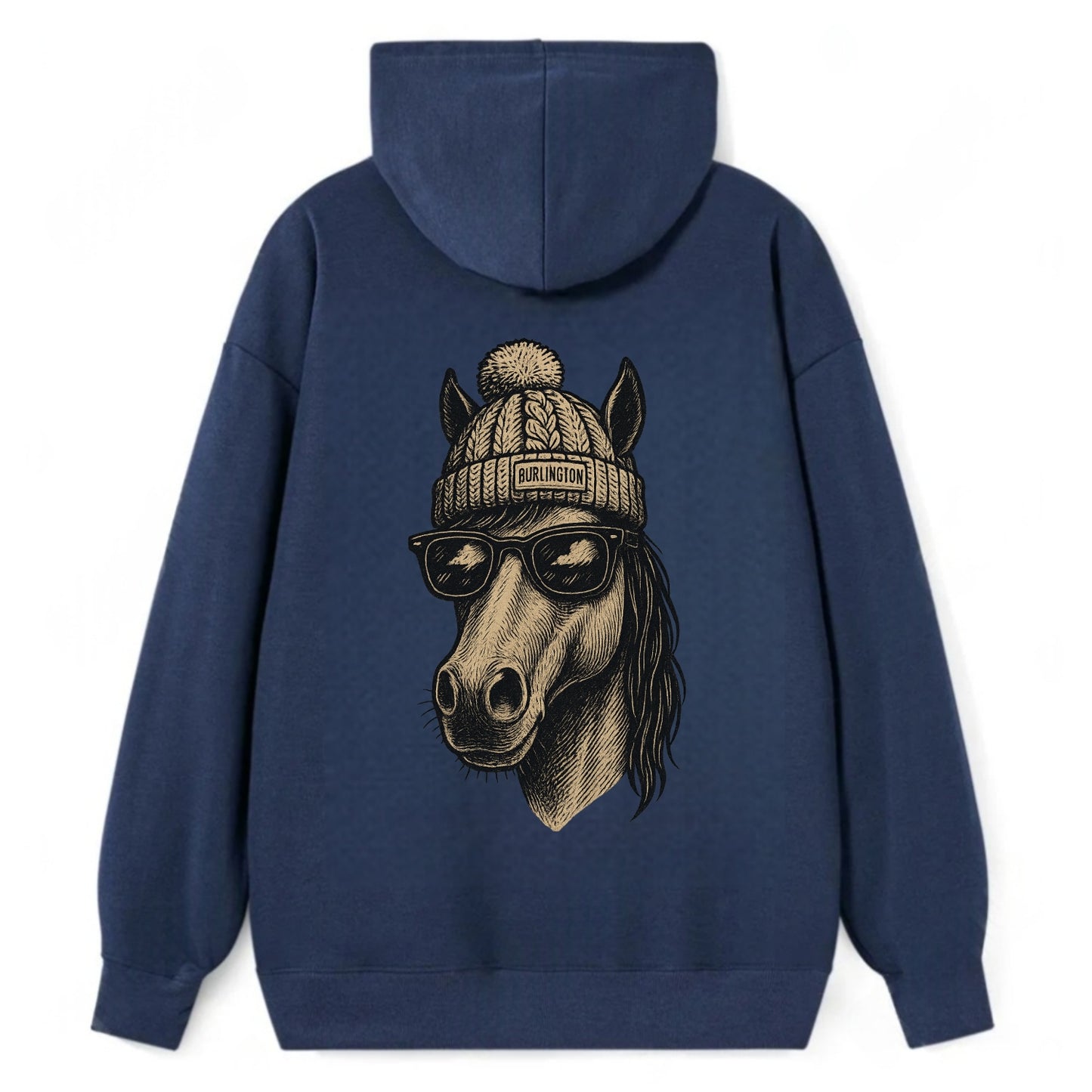 Vermont Morgan Horse wearing Burlington beanie with pom pom and wayfarer - Classic Pullover Hoodie - Navy