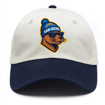 San Diego Sea Lion wearing Chargers beanie with bolt patch and wayfarer sunglasses - Two Tone Cap - Navy