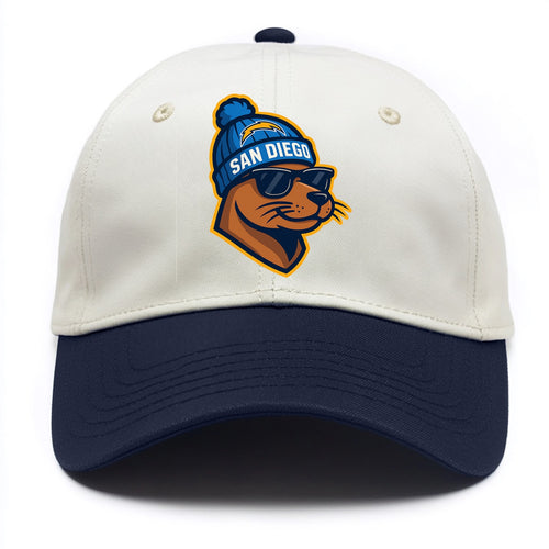 San Diego Sea Lion wearing Chargers beanie with bolt patch and wayfarer sunglasses - Two Tone Cap