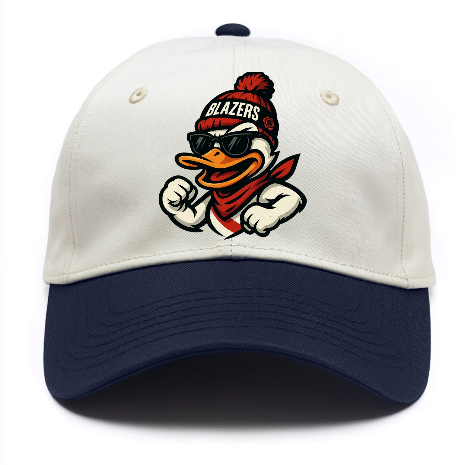 Oregon Duck wearing Trail Blazers beanie with rose patch and wayfarer sunglasses - Two Tone Cap - Navy