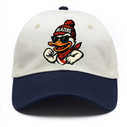 Oregon Duck wearing Trail Blazers beanie with rose patch and wayfarer sunglasses - Two Tone Cap - Navy