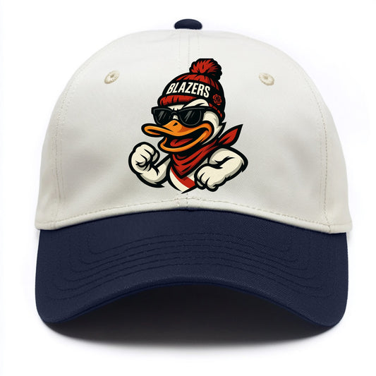 Oregon Duck wearing Trail Blazers beanie with rose patch and wayfarer sunglasses - Two Tone Cap - Navy