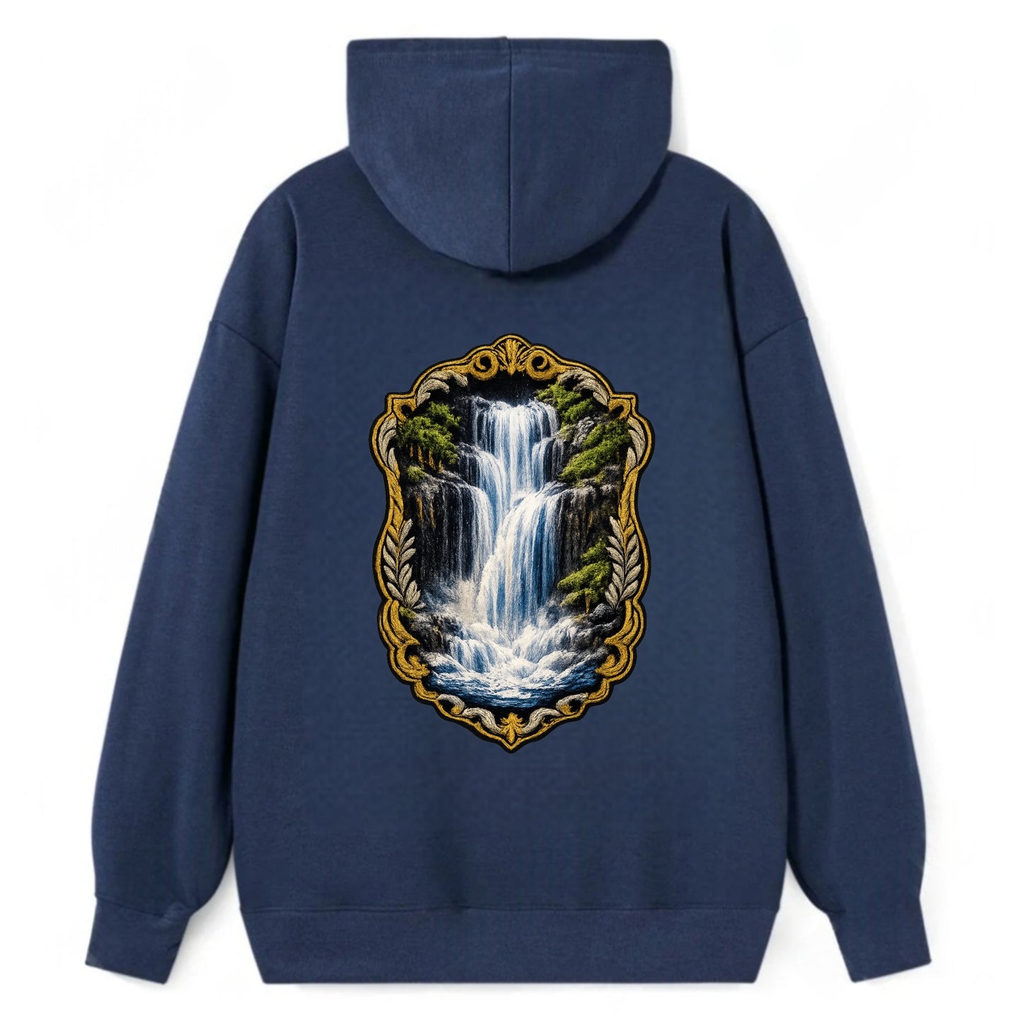 WATERFALL CASCADE - falling water with mist in blue and white , nature - Classic Pullover Hoodie - Navy