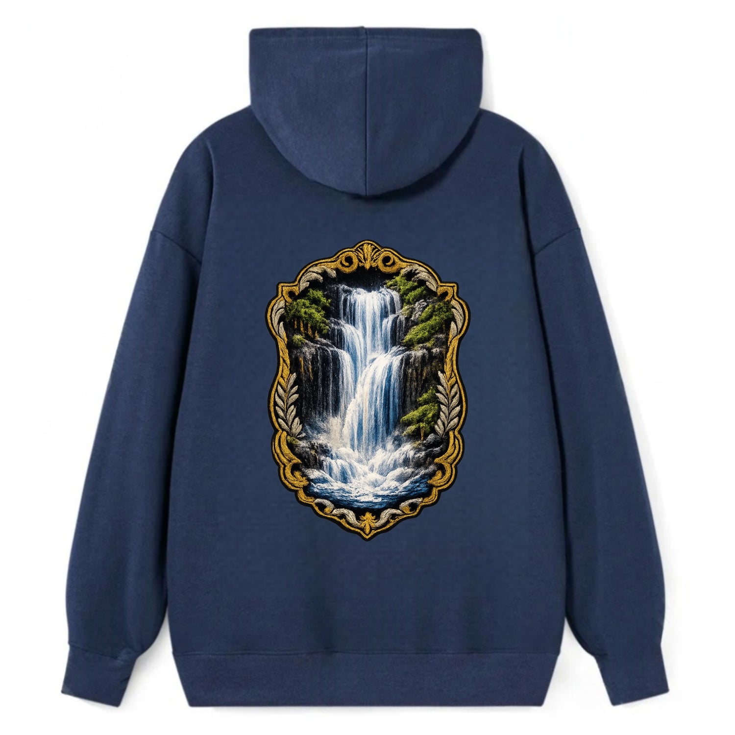 WATERFALL CASCADE - falling water with mist in blue and white , nature - Classic Pullover Hoodie - Navy