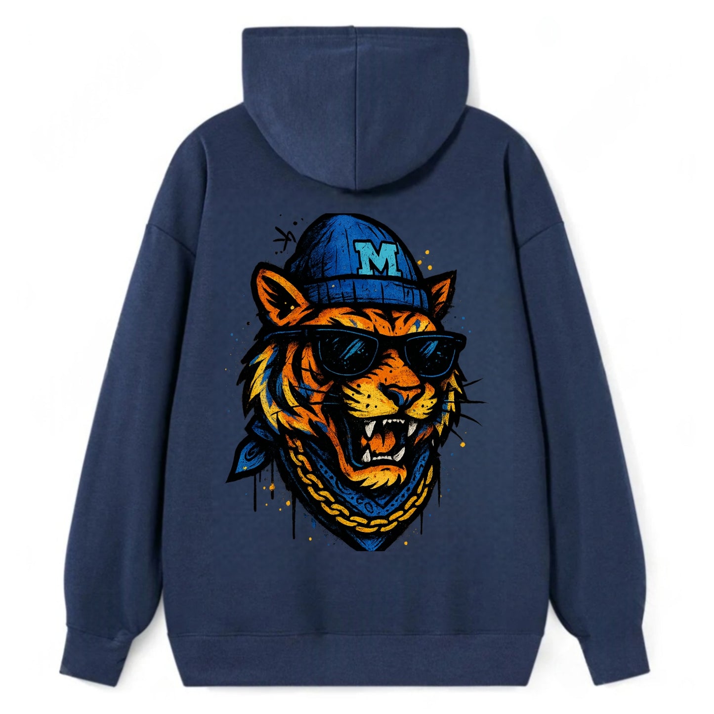 Memphis Tiger wearing Memphis beanie with M patch - Classic Pullover Hoodie - Navy