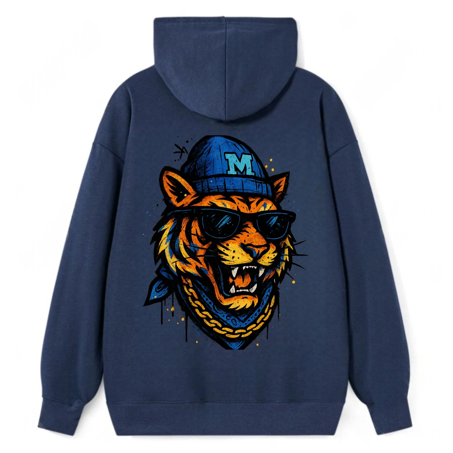 Memphis Tiger wearing Memphis beanie with M patch - Classic Pullover Hoodie - Navy
