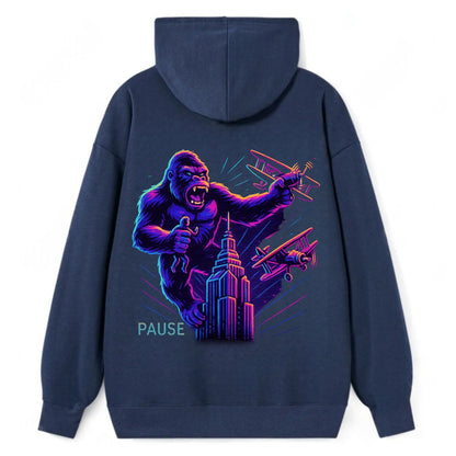 giant gorilla on top of skyscraper holding small figure, swatting planes - Classic Pullover Hoodie - Navy