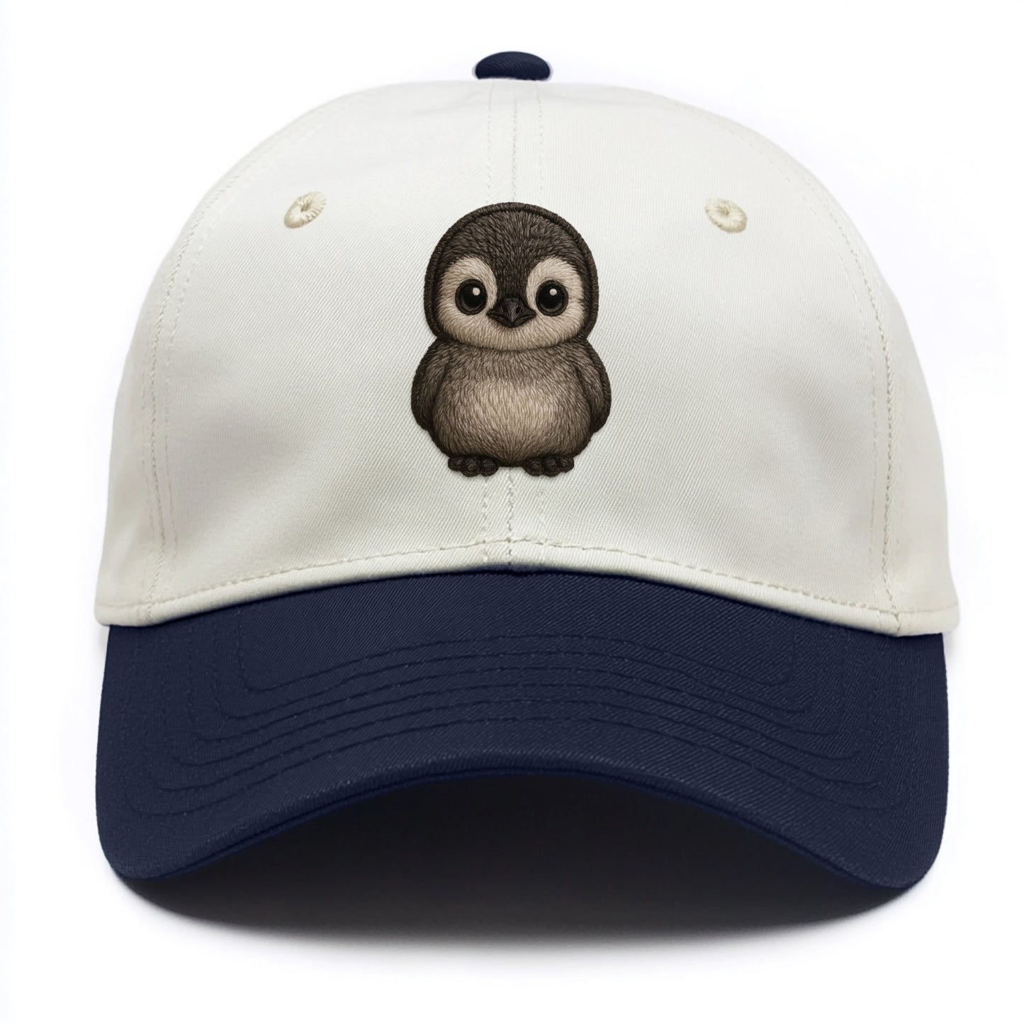 Baby Penguin Chick - gray fluffy, white face, round body, front-facing, tuxedo baby - Two Tone Cap - Navy