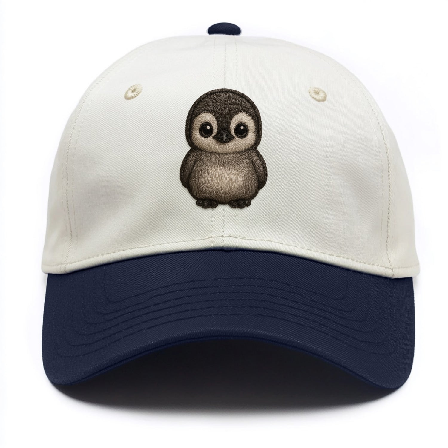 Baby Penguin Chick - gray fluffy, white face, round body, front-facing, tuxedo baby - Two Tone Cap - Navy