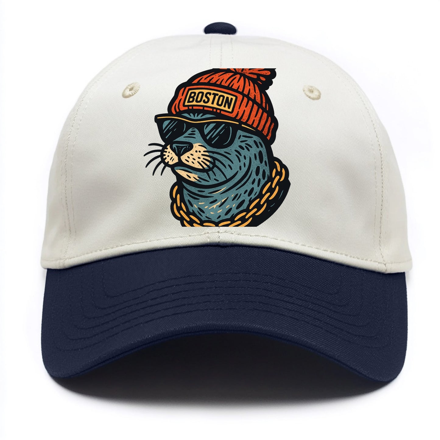 Boston Harbor Seal wearing Boston beanie with pom pom and wayfarer sunglasses - Two Tone Cap - Navy