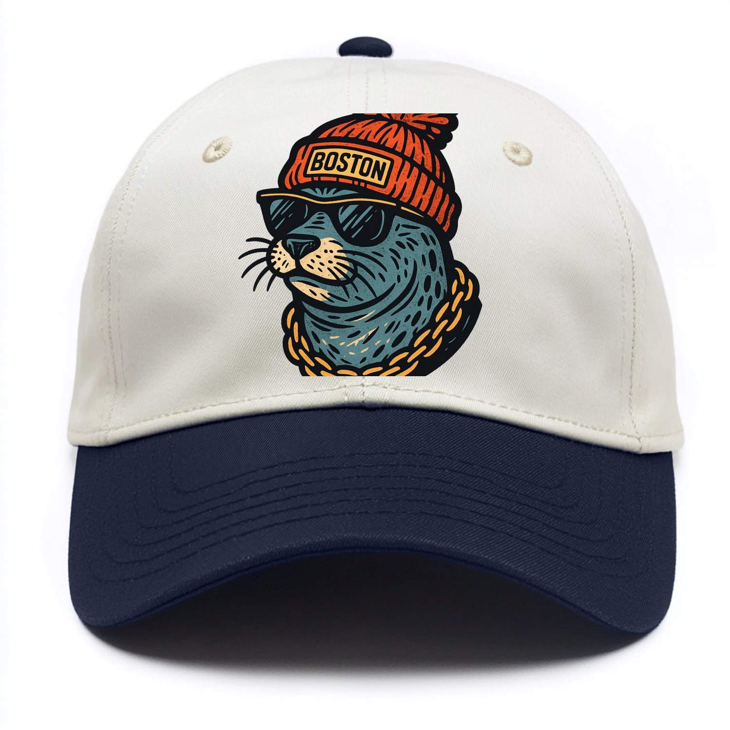 Boston Harbor Seal wearing Boston beanie with pom pom and wayfarer sunglasses - Two Tone Cap - Navy