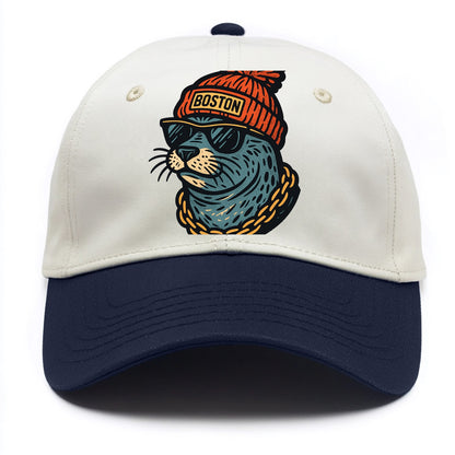 Boston Harbor Seal wearing Boston beanie with pom pom and wayfarer sunglasses - Two Tone Cap - Navy