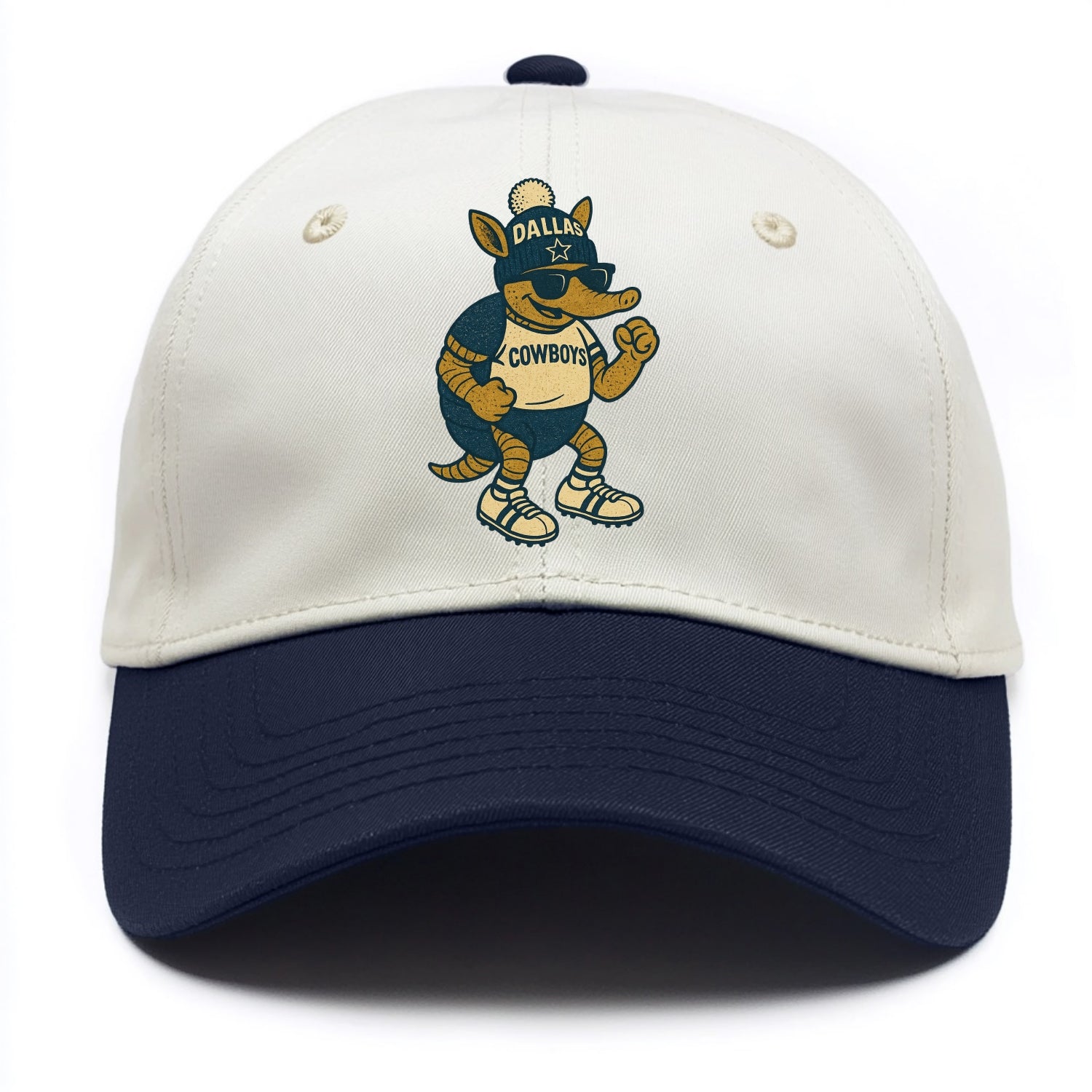 Dallas Armadillo wearing Cowboys beanie with lone star patch and wayfarer sunglasses - Two Tone Cap - Navy