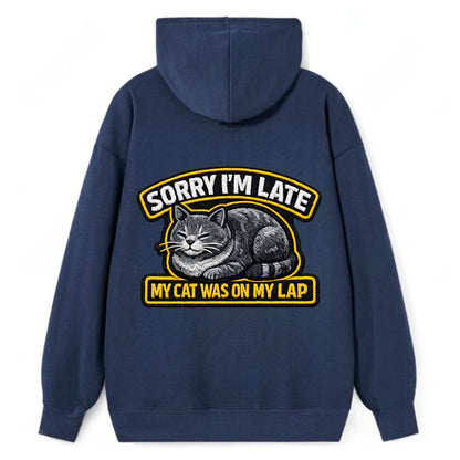 SORRY IM LATE MY CAT WAS ON MY LAP - cat loaf in gray , valid excuse - Classic Pullover Hoodie - Navy