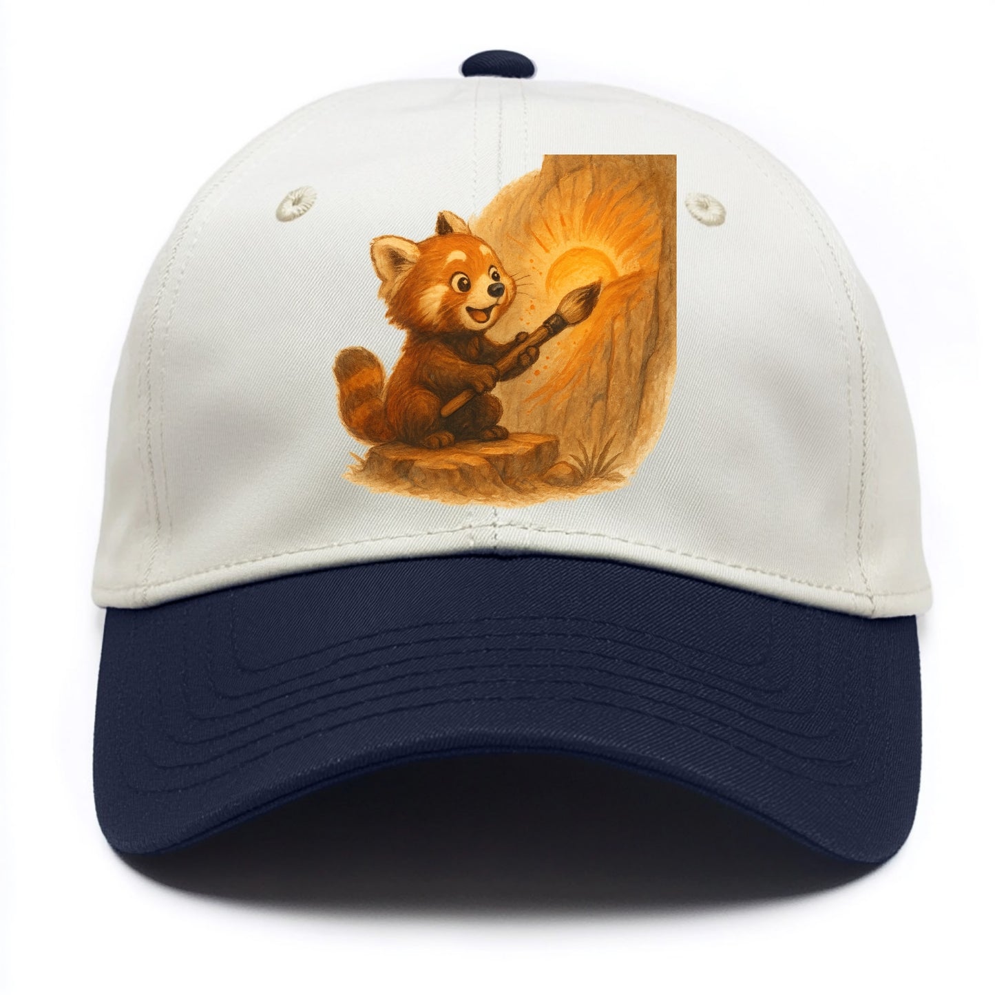 Red panda painting a sunrise mural with an oversized calligraphy brush on a cliff - Two Tone Cap - Navy