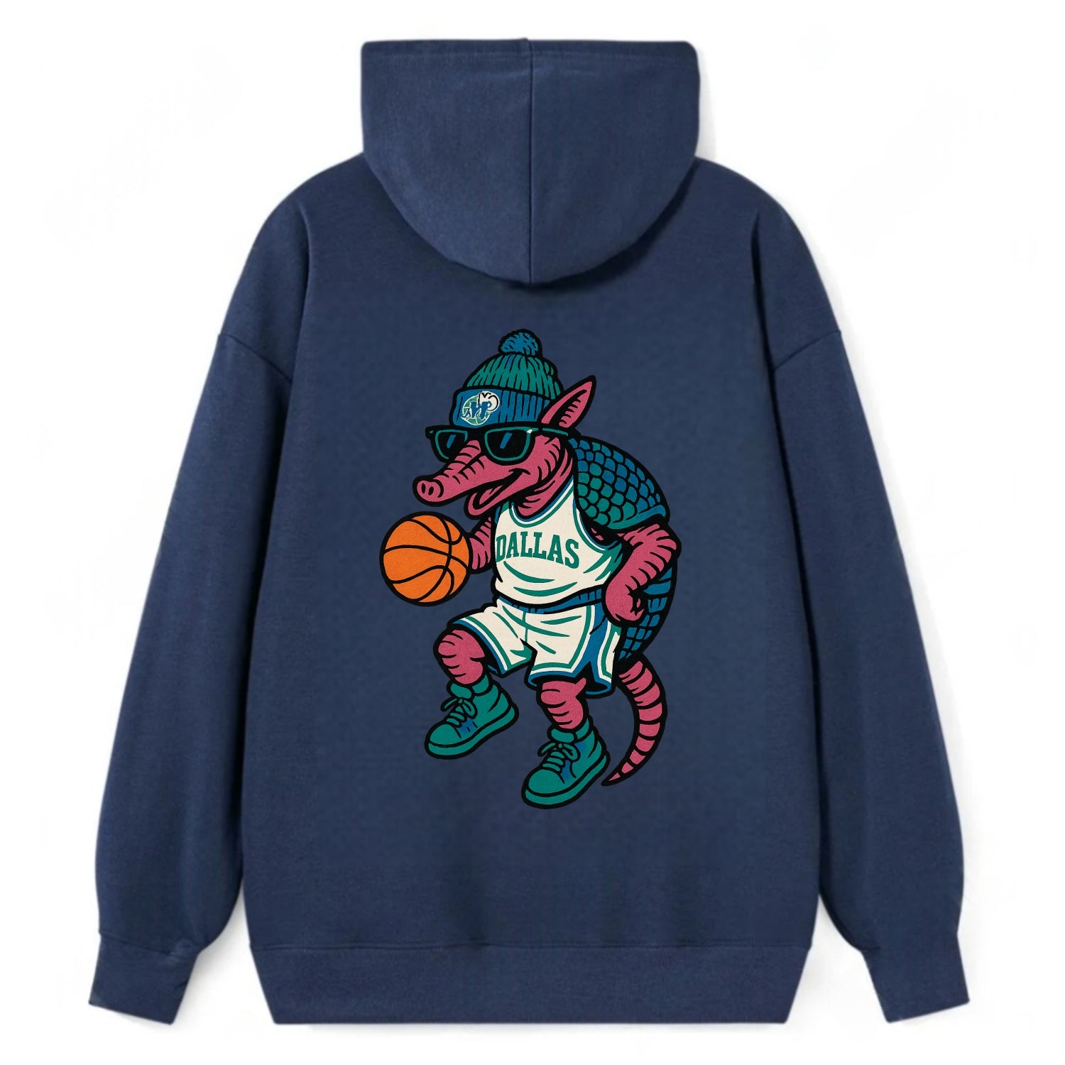 Dallas Armadillo wearing Mavericks beanie with cowboy hat patch and - Classic Pullover Hoodie - Navy