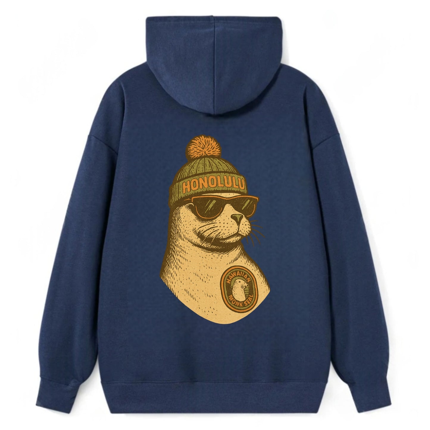 Hawaii Monk Seal wearing Honolulu beanie with pom pom and wayfarer - Classic Pullover Hoodie - Navy