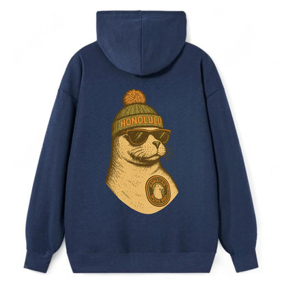 Hawaii Monk Seal wearing Honolulu beanie with pom pom and wayfarer - Classic Pullover Hoodie - Navy