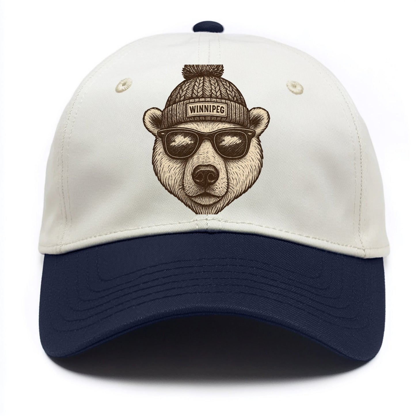 Winnipeg Polar Bear wearing Winnipeg beanie with pom pom and wayfarer sunglasses - Two Tone Cap - Navy