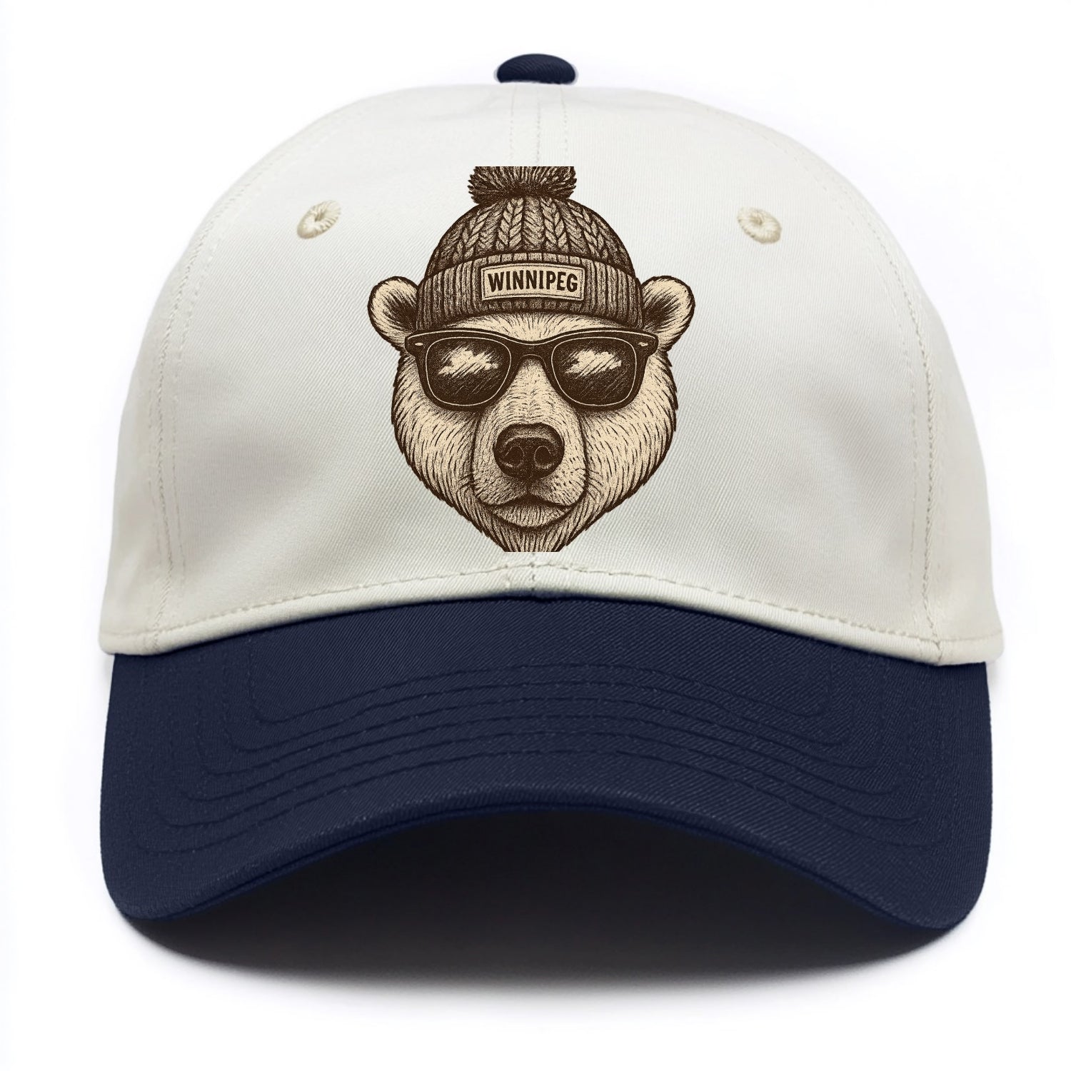 Winnipeg Polar Bear wearing Winnipeg beanie with pom pom and wayfarer sunglasses - Two Tone Cap - Navy