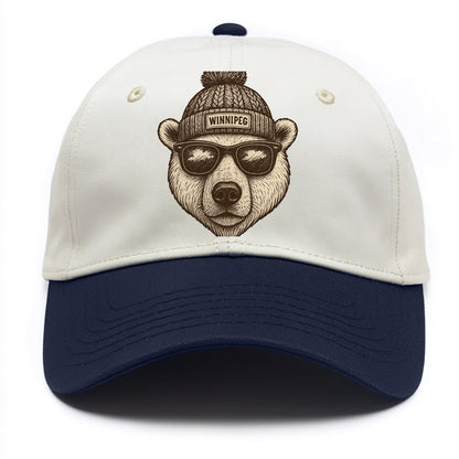 Winnipeg Polar Bear wearing Winnipeg beanie with pom pom and wayfarer sunglasses - Two Tone Cap - Navy